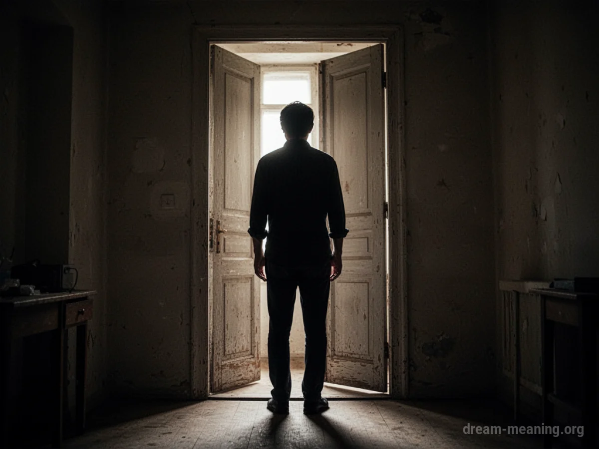 A silhouette of a person seen from behind, standing in a doorway.