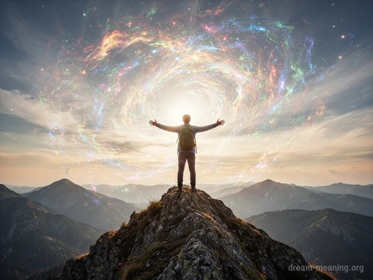 A person on a mountaintop with arms raised to a sky filled with colorful light.