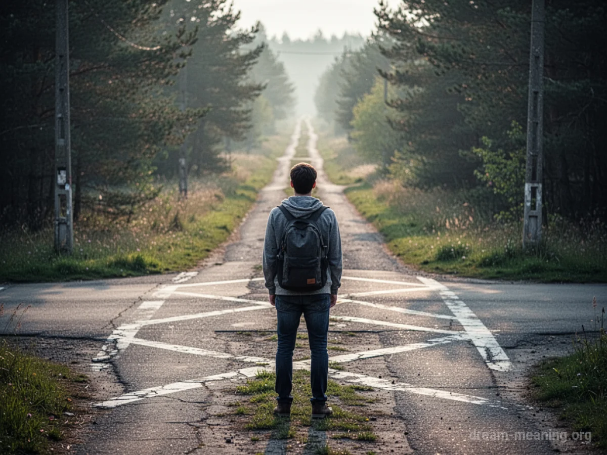 A person at a fork in the road looking back.