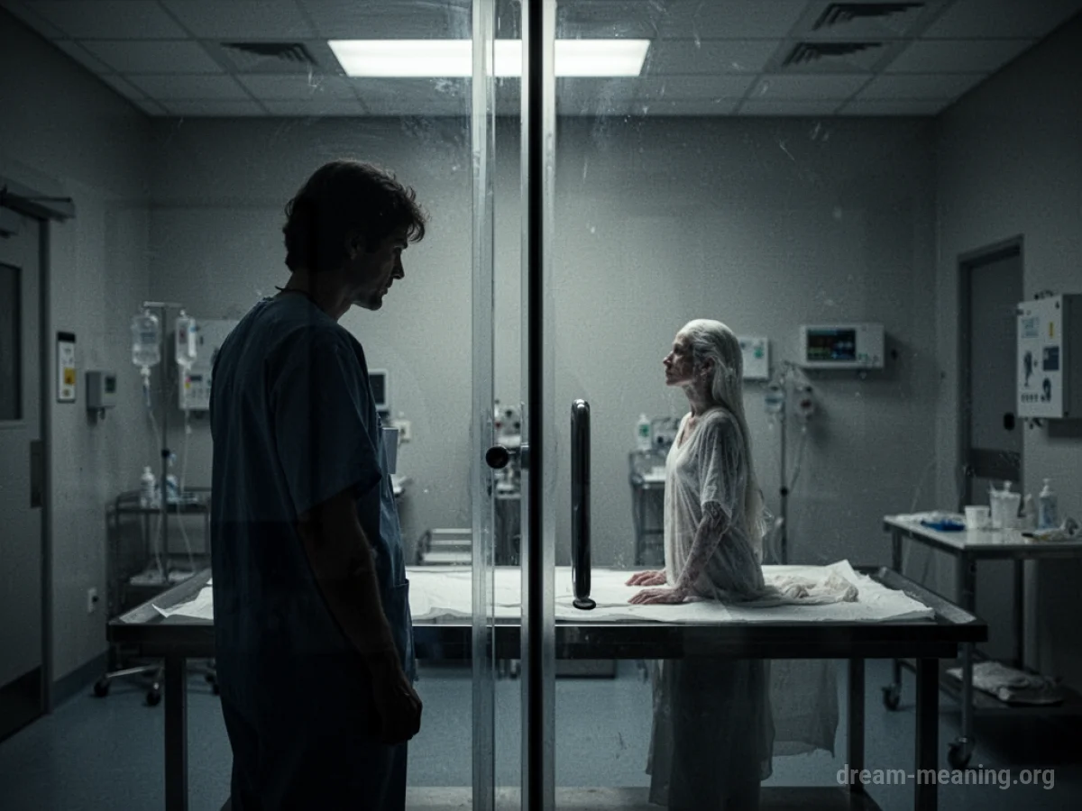 Silhouette of a person watching another figure through a glass panel in a laboratory setting.