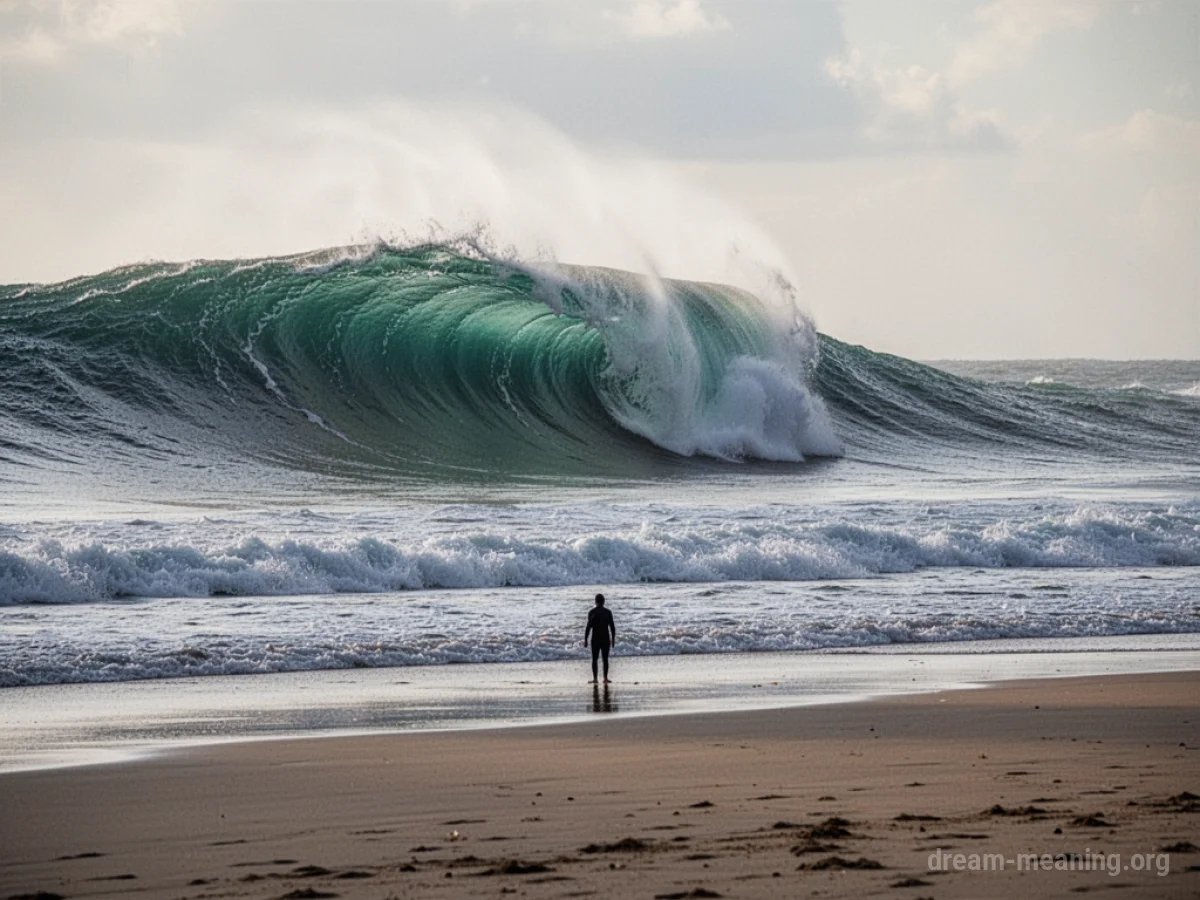 A large ocean wave rolling towards a person on a sandy shore.