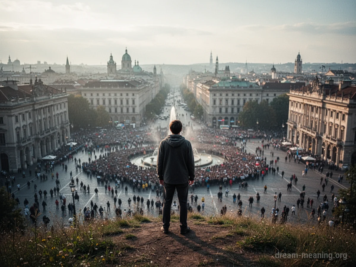 A distant crowd gathered in a city square viewed from a high vantage point.