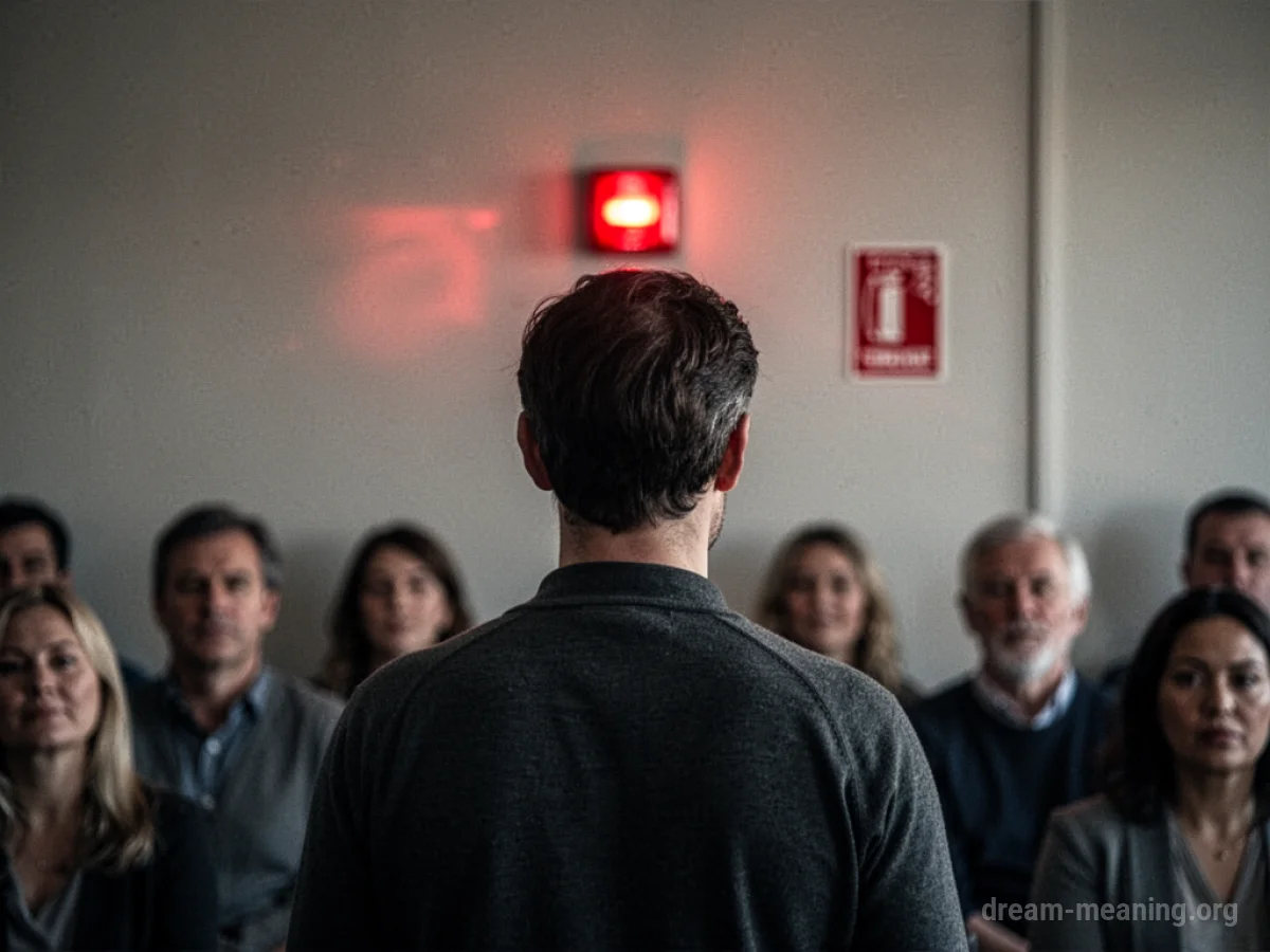 A person stands on a stage in front of an audience, with a flashing red alarm light visible.