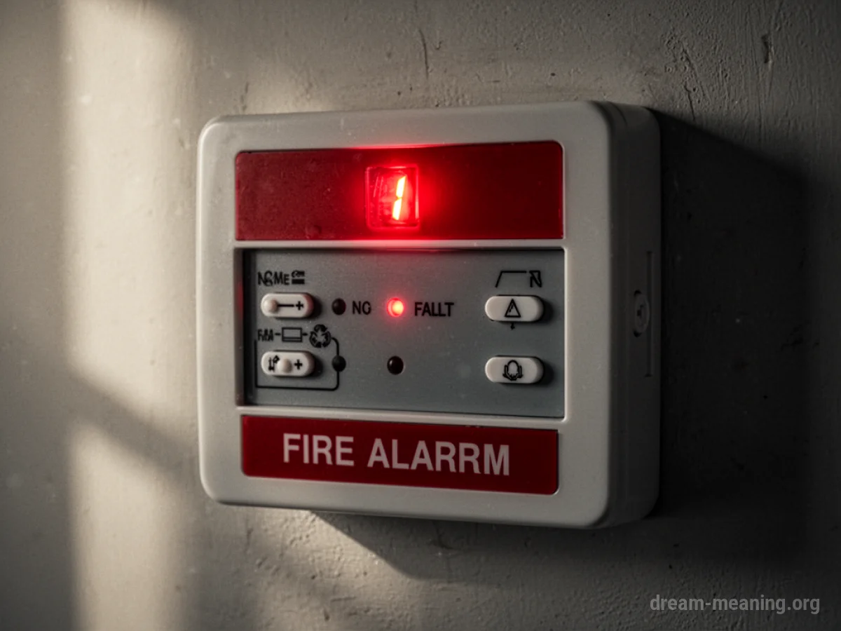 A close-up of a fire alarm panel with a single, faint red light illuminated.