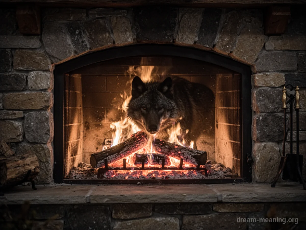 Silhouette of an animal's head visible inside a lit fireplace.