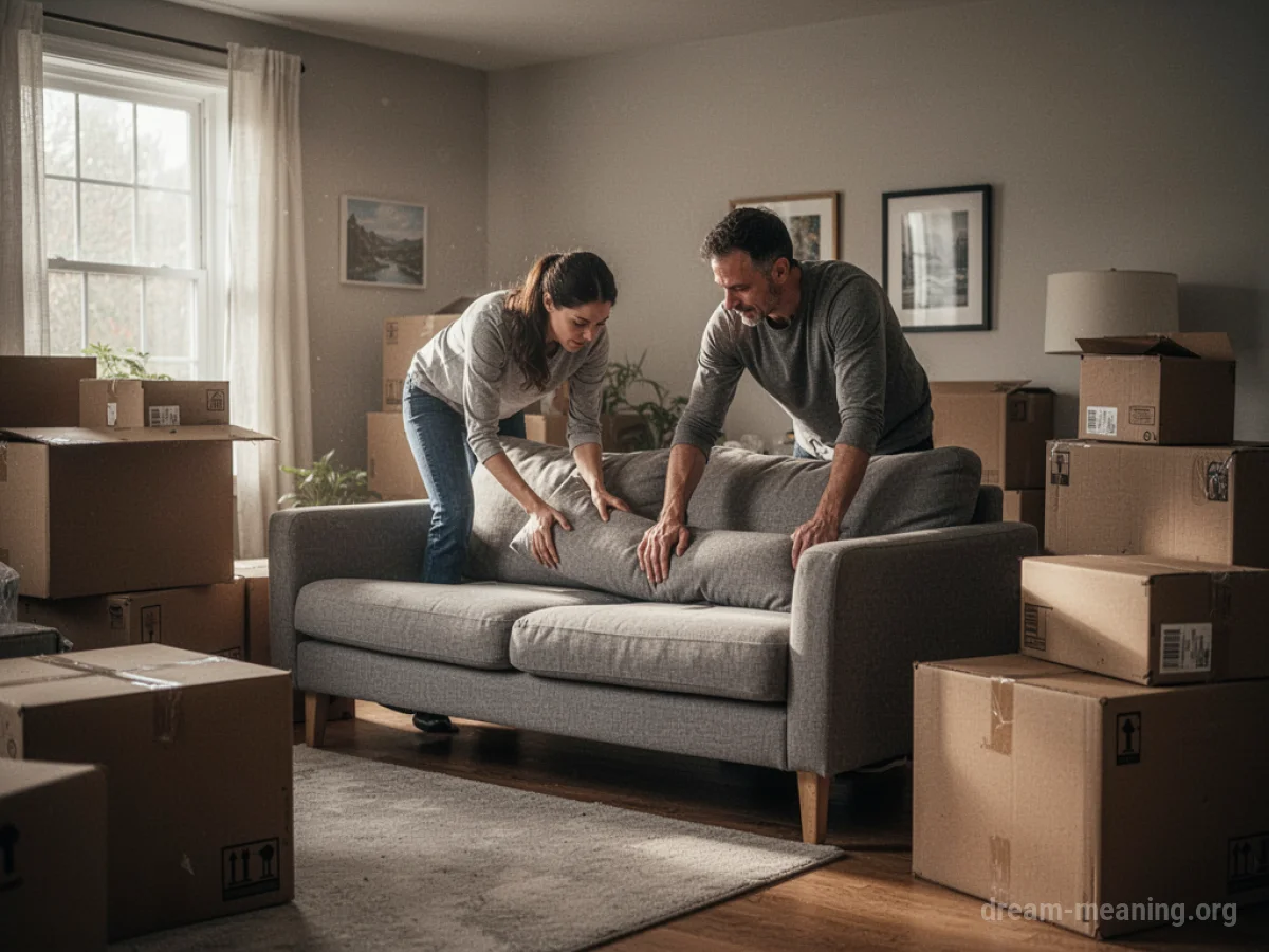 A person moving a couch into position in a room with unpacked boxes.