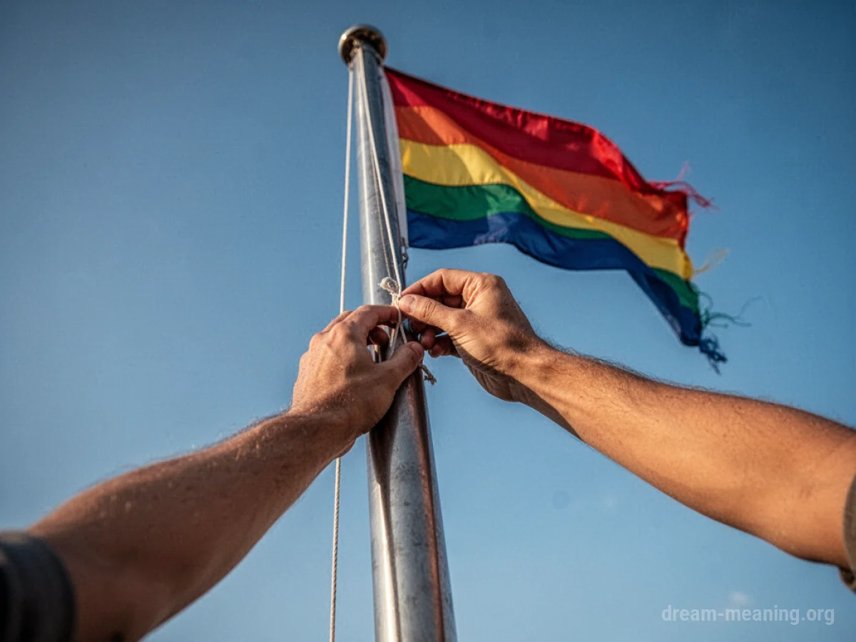 A hand raising a flag to the top of a flagpole.