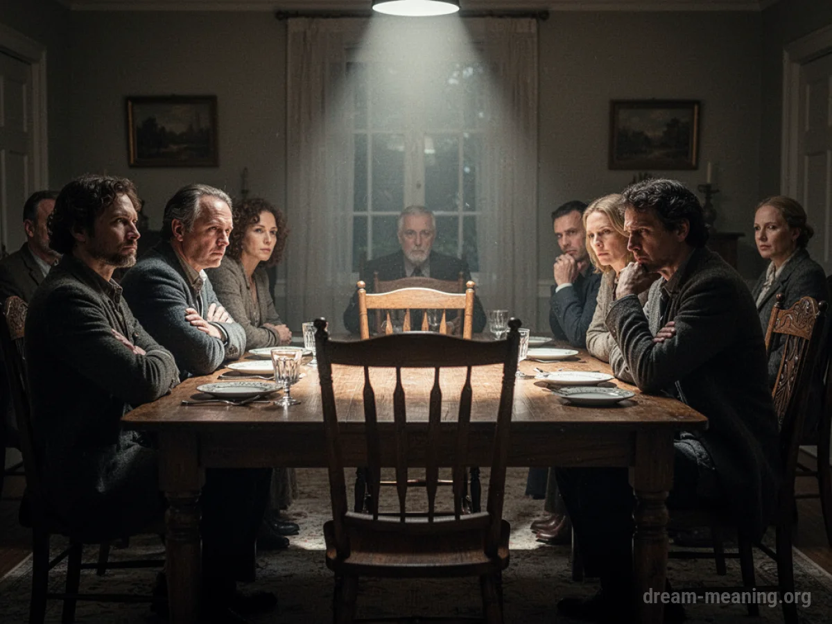 A formal dining table with people seated in strained poses.