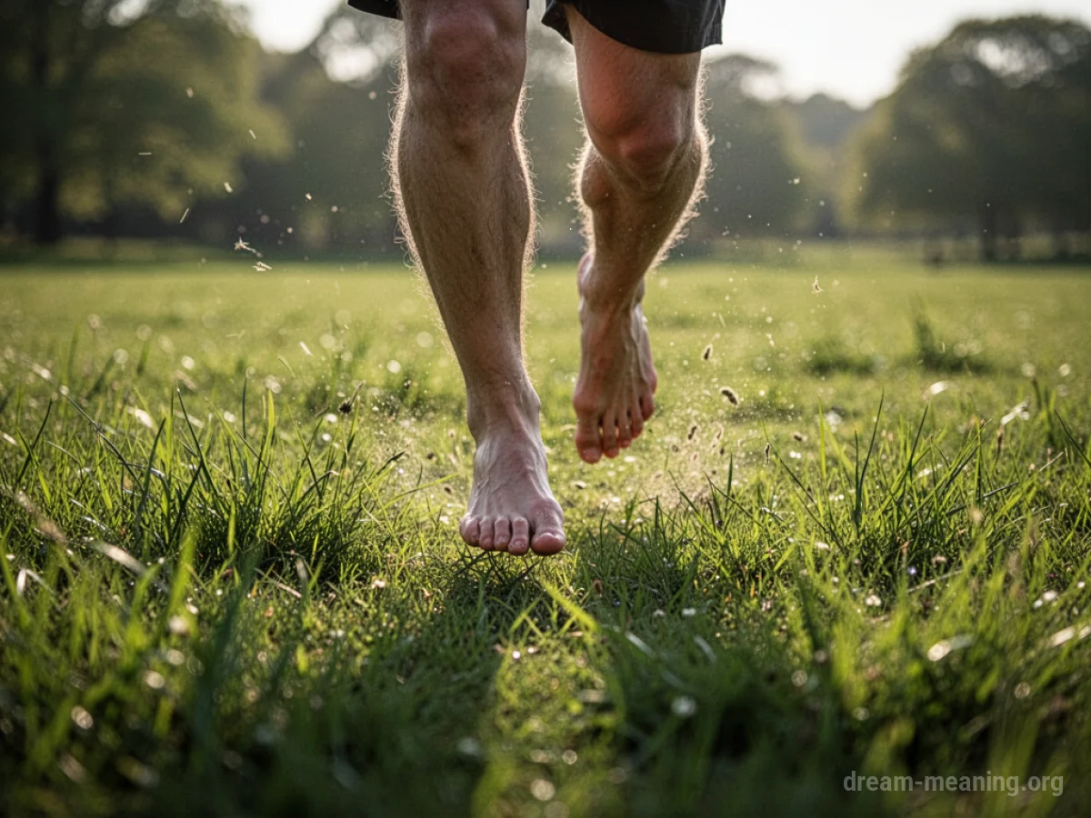Bare feet running through green grass.