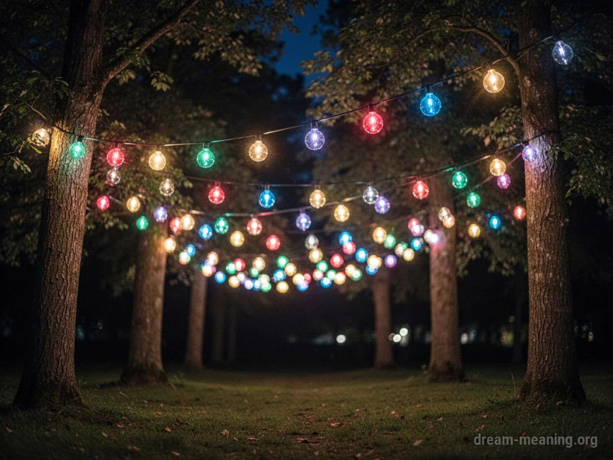 Colorful, glowing festival lights strung between trees at night.