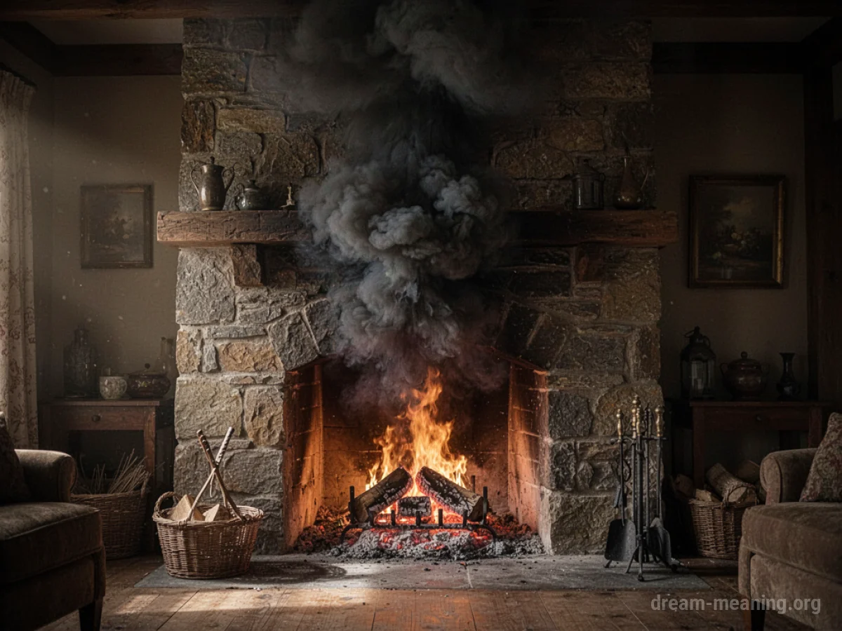 A dark smoke cloud is filling the opening of a stone fireplace chimney.