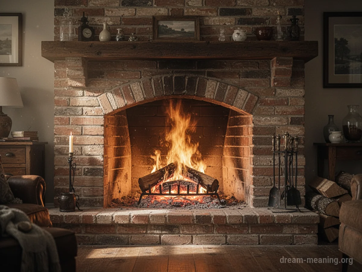 A brick fireplace with a lit fire.