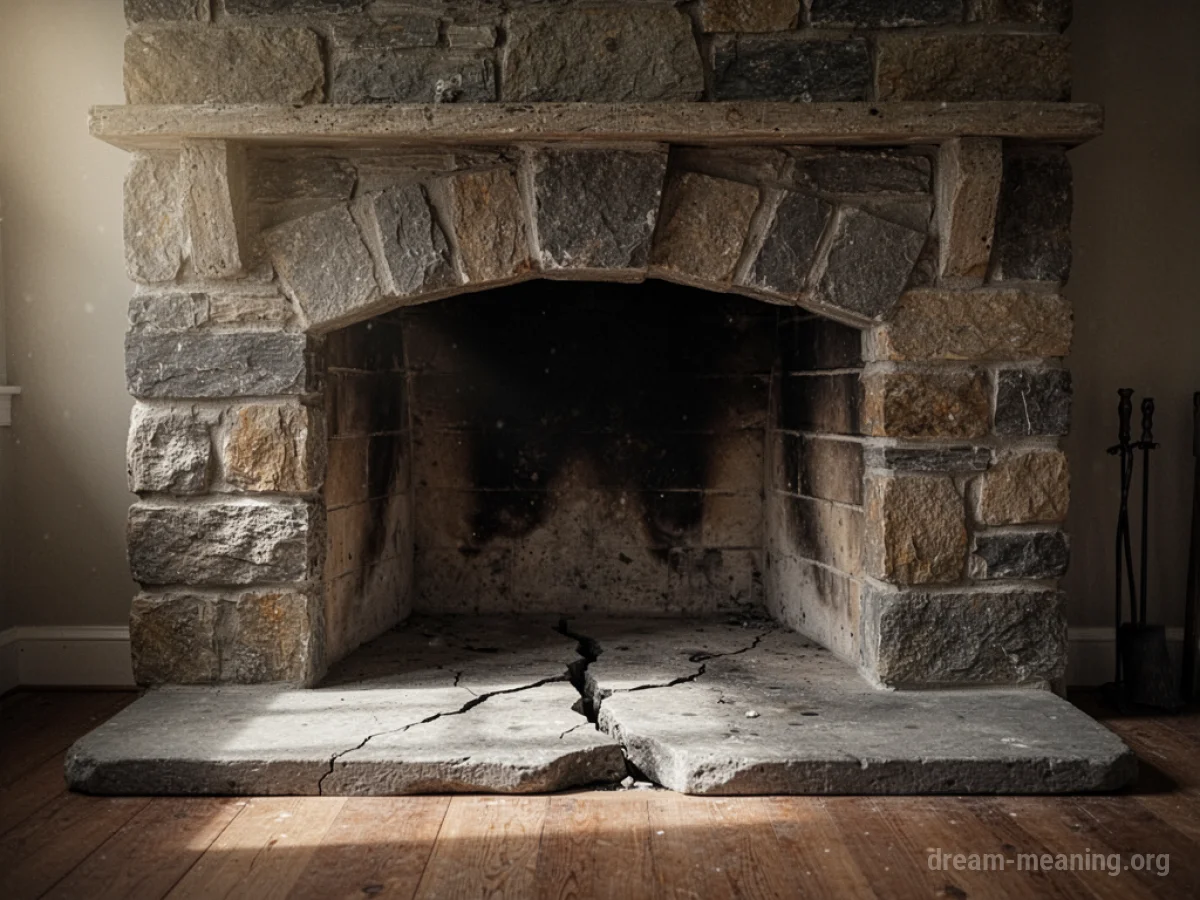 A cracked stone fireplace interior.