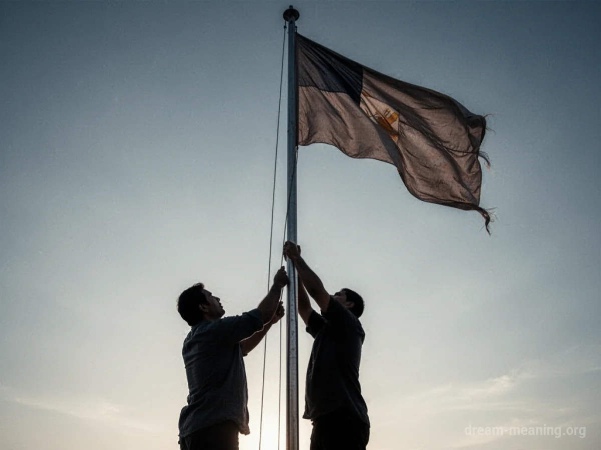 Silhouette of a person assembling a tall flagpole.