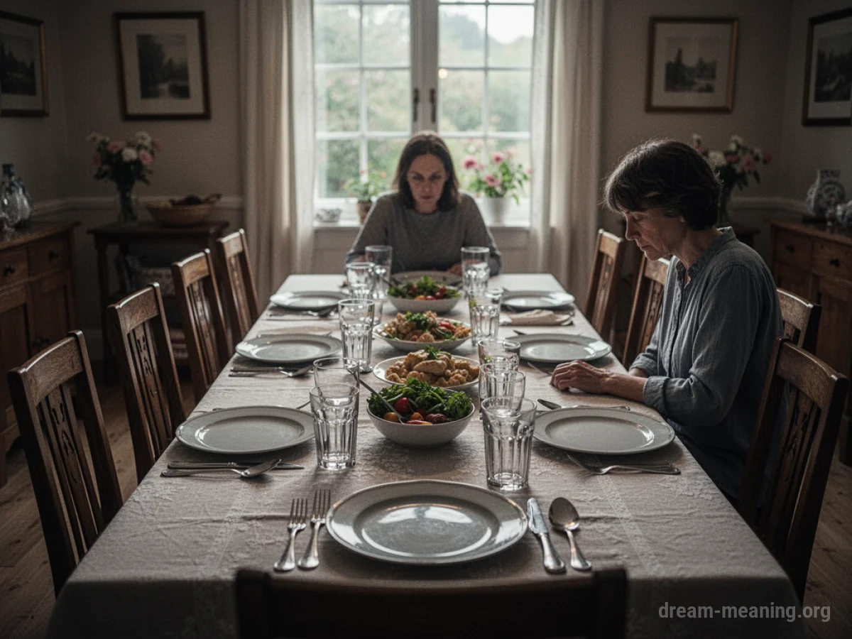 A single person sits at an empty place setting at a large, formal dining table.