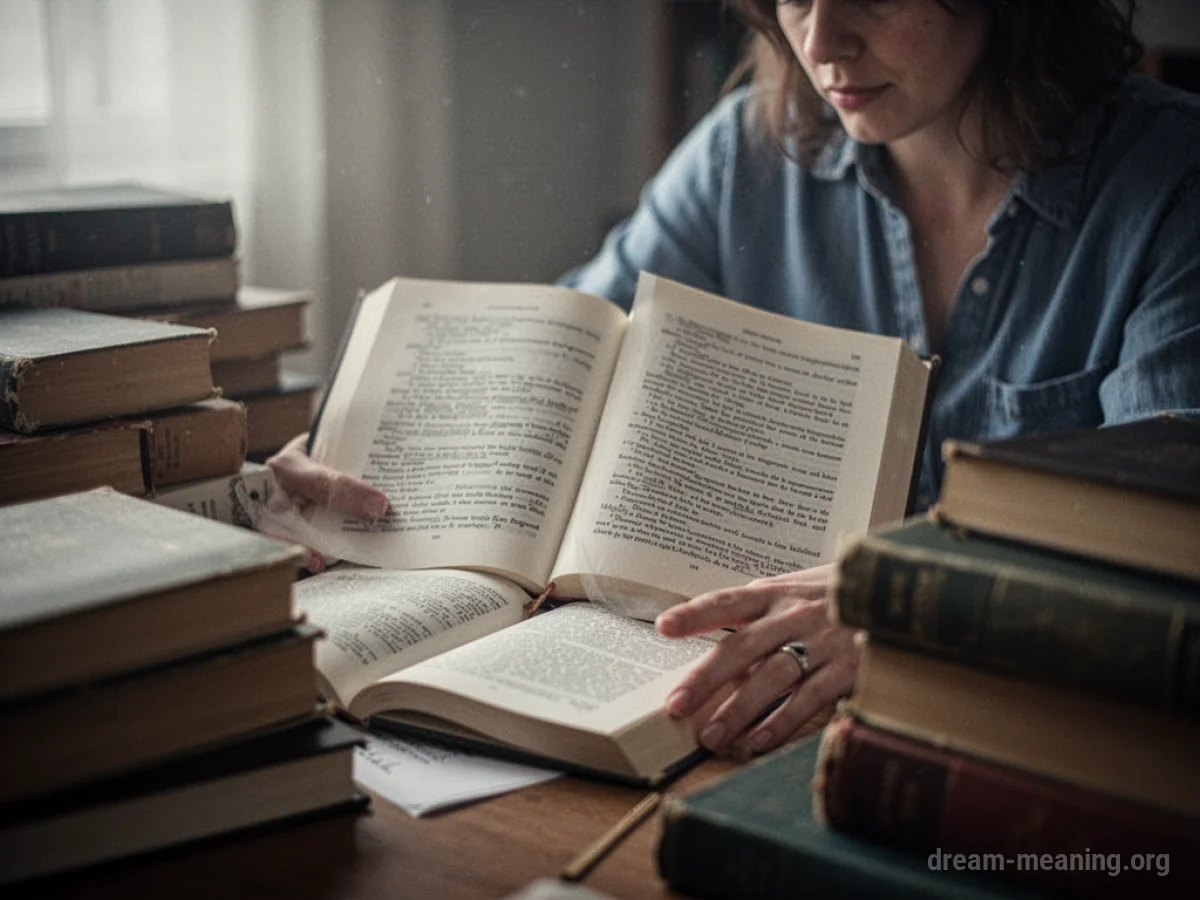 A person looks at a book with blurry text.