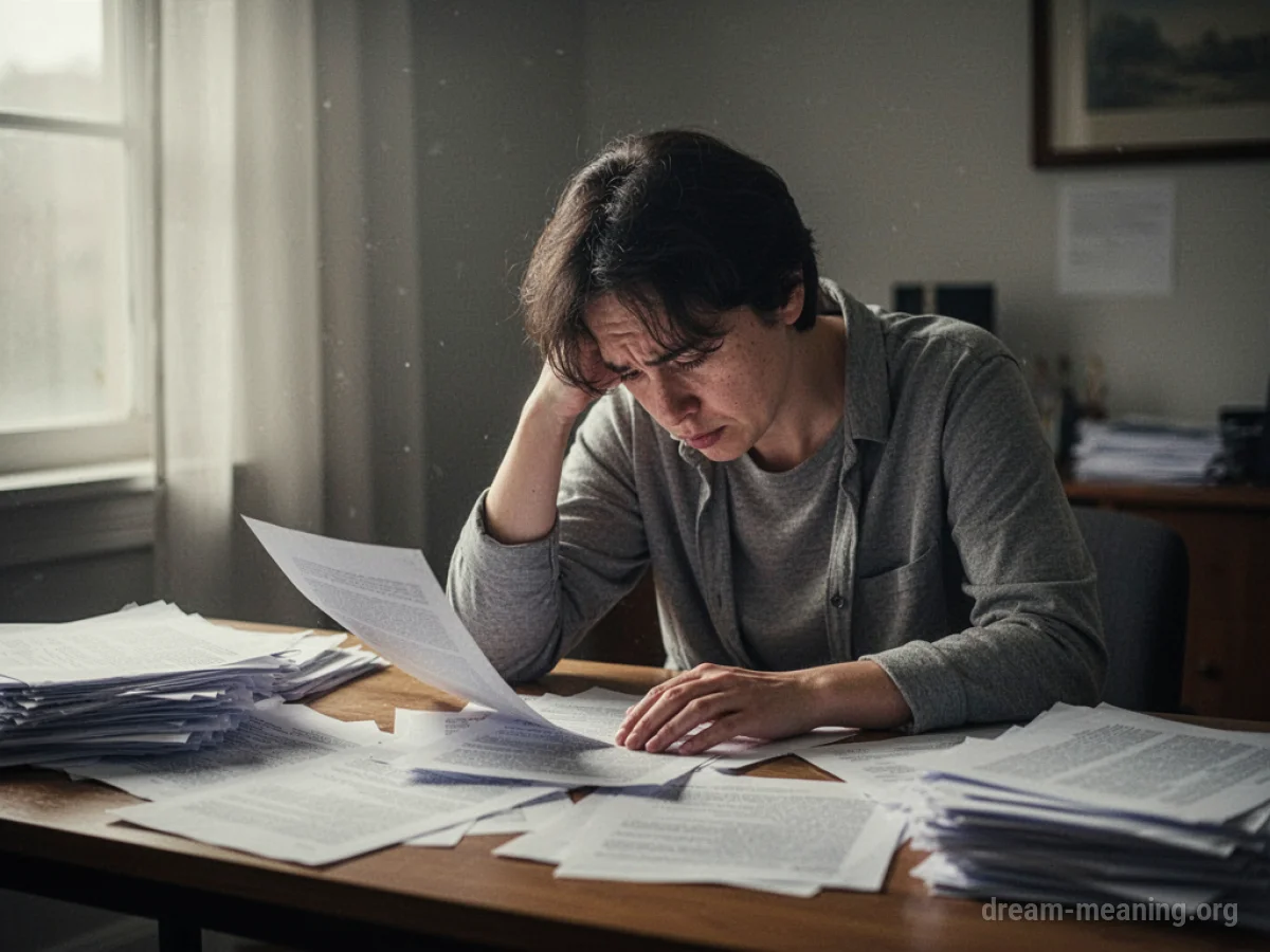 Person sitting at a desk with scattered papers, appearing unable to concentrate.