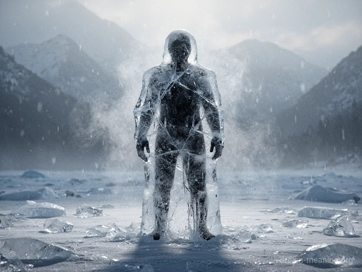 Silhouette of a person frozen in ice.