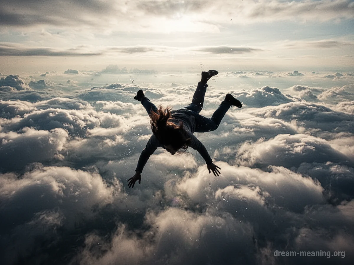 Silhouette of a person falling endlessly through clouds.