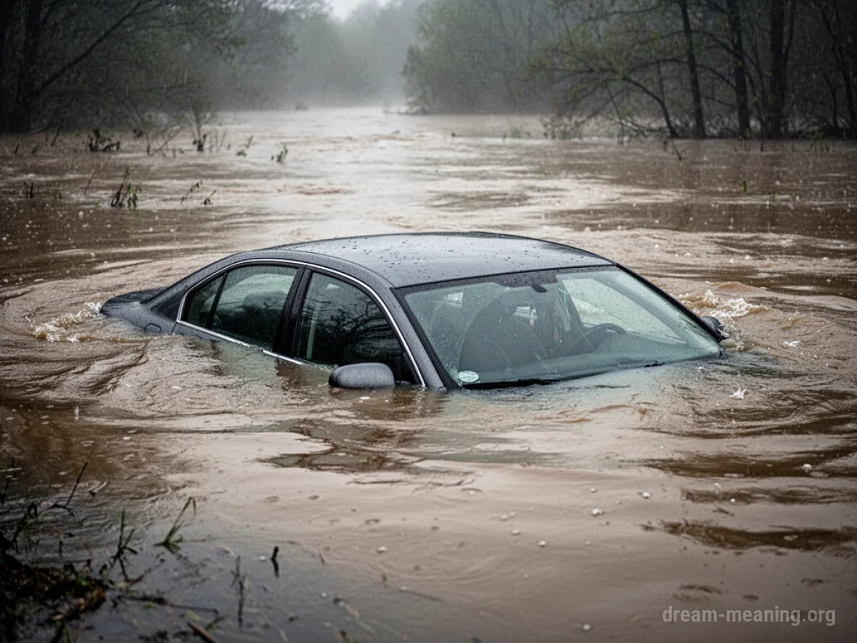 A car partially submerged in brown, turbulent water.