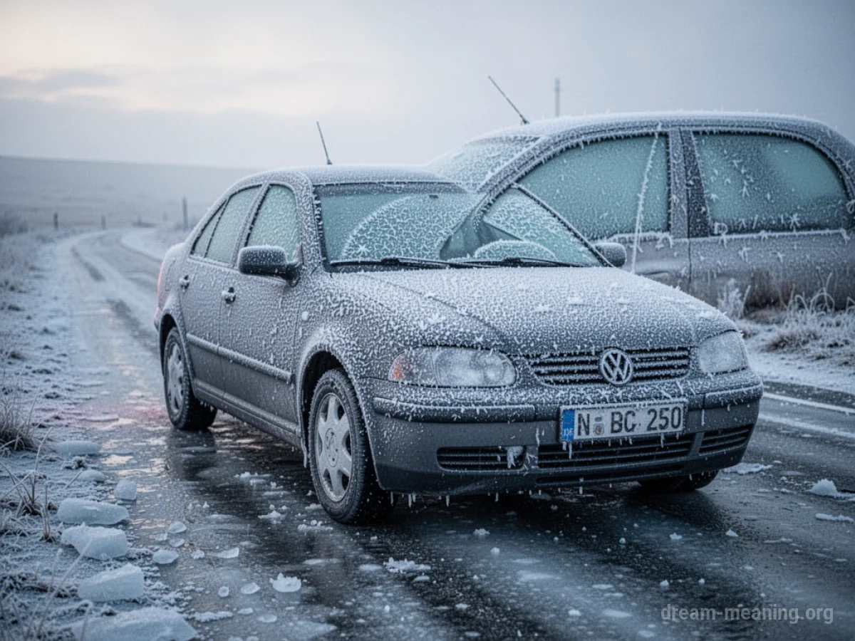 A car completely encased in ice and frost.