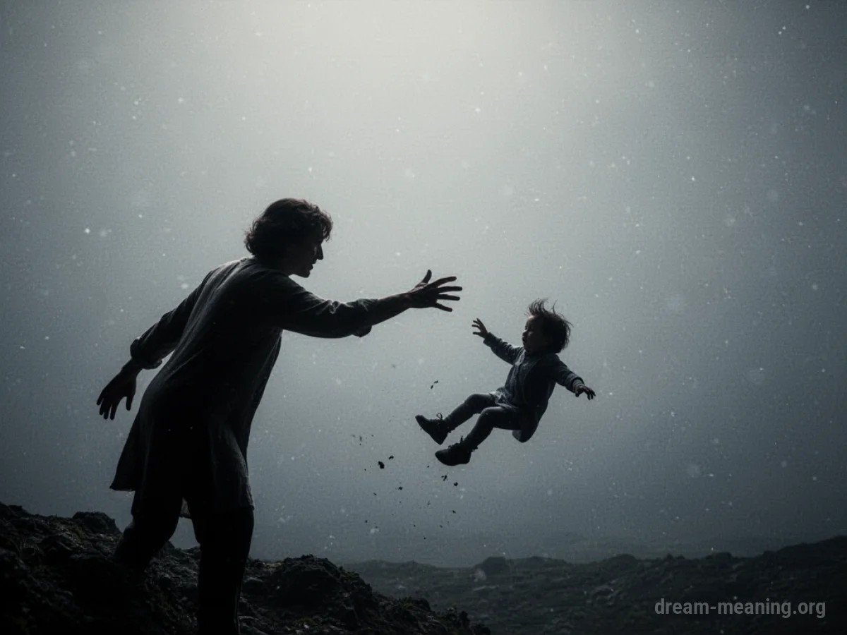 A parent figure reaching towards a small, falling silhouette.