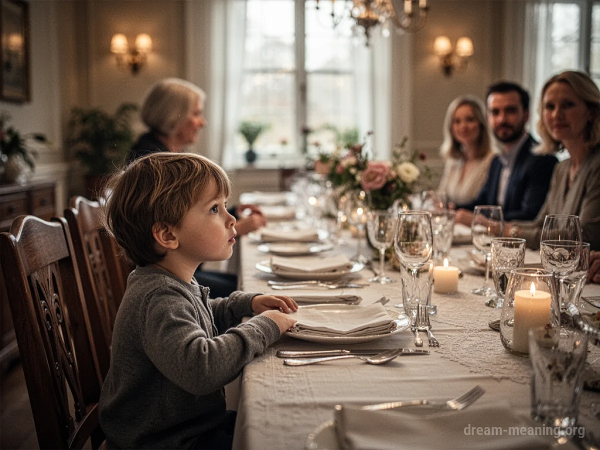 A child sitting at a family dinner table.