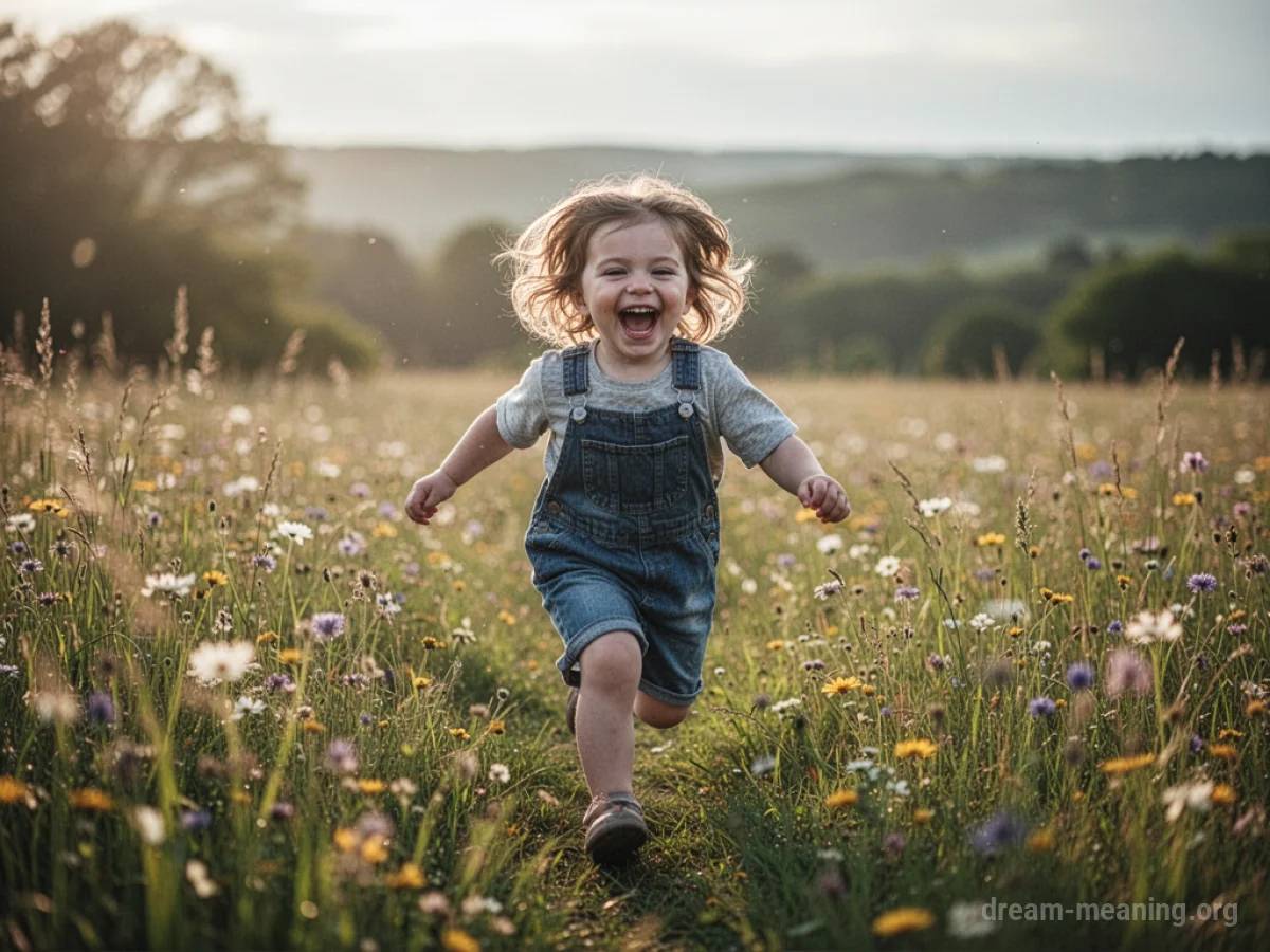 A child running and laughing in a sunny field.