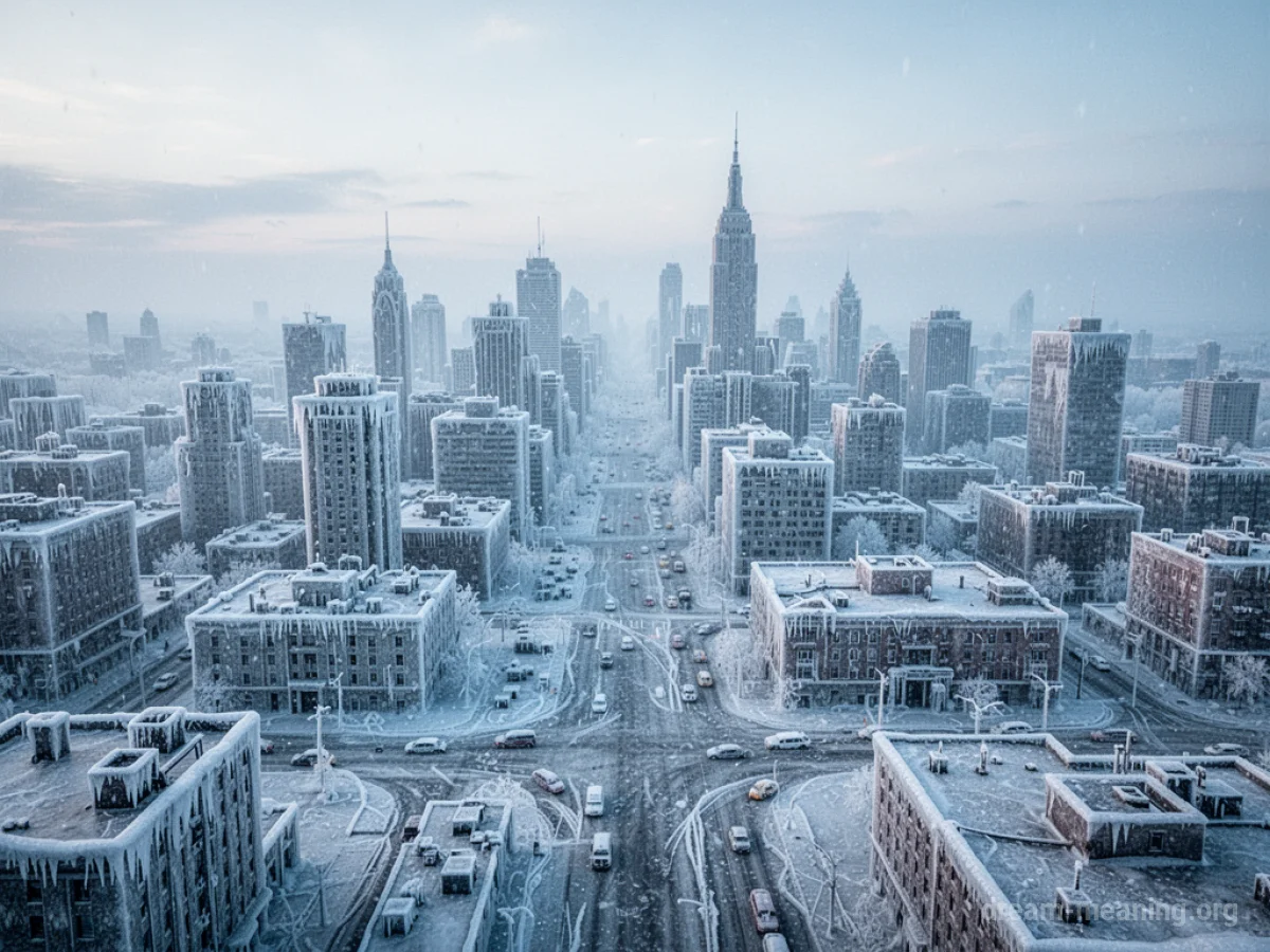 A city covered entirely in ice and snow.