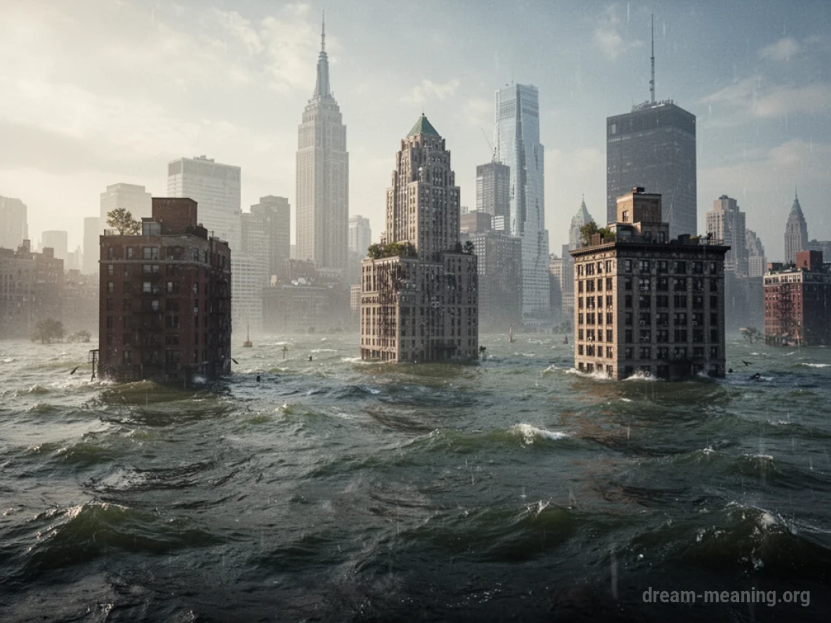 Tall buildings partially submerged in a vast body of water.