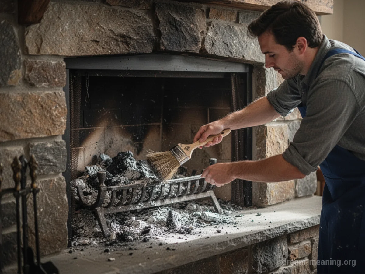 A person cleaning the inside of a stone fireplace.