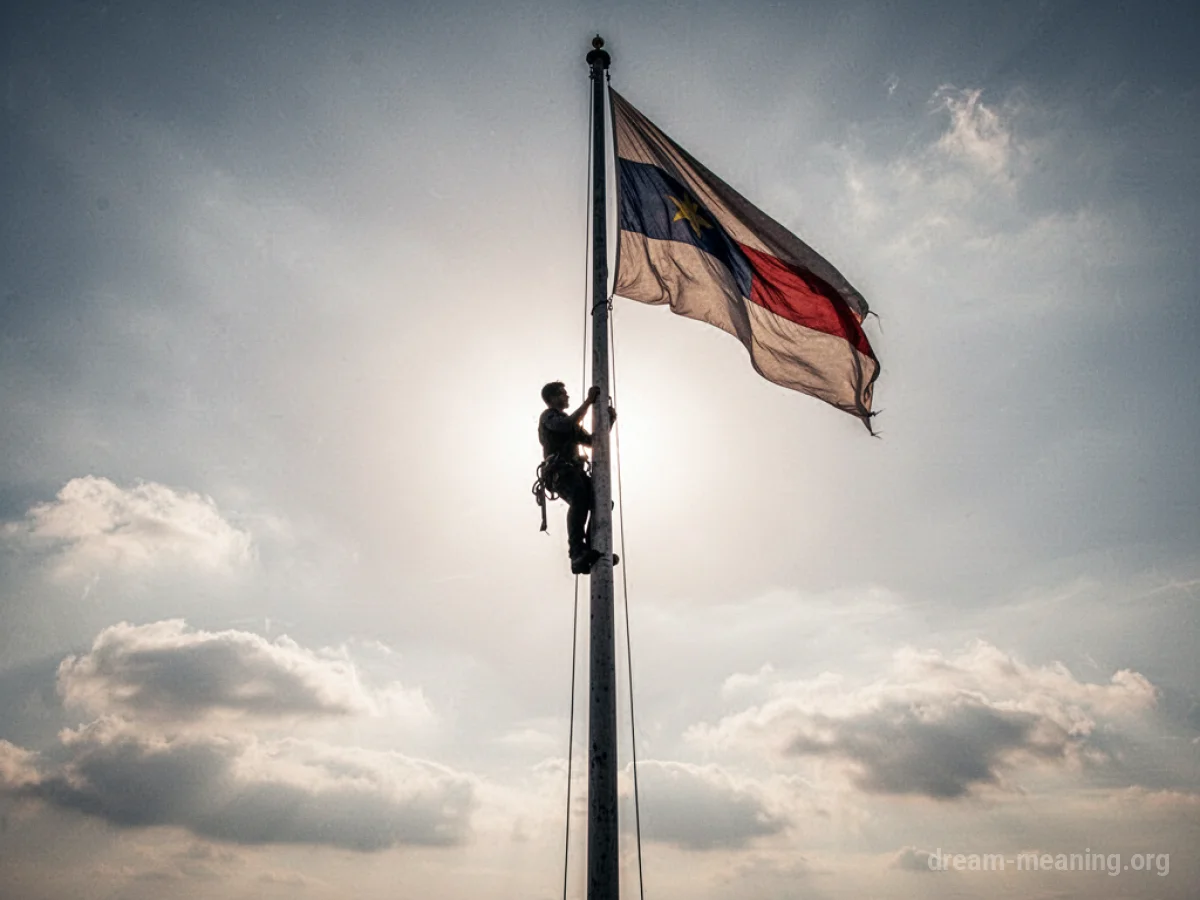 Silhouette of a person climbing a tall flagpole.