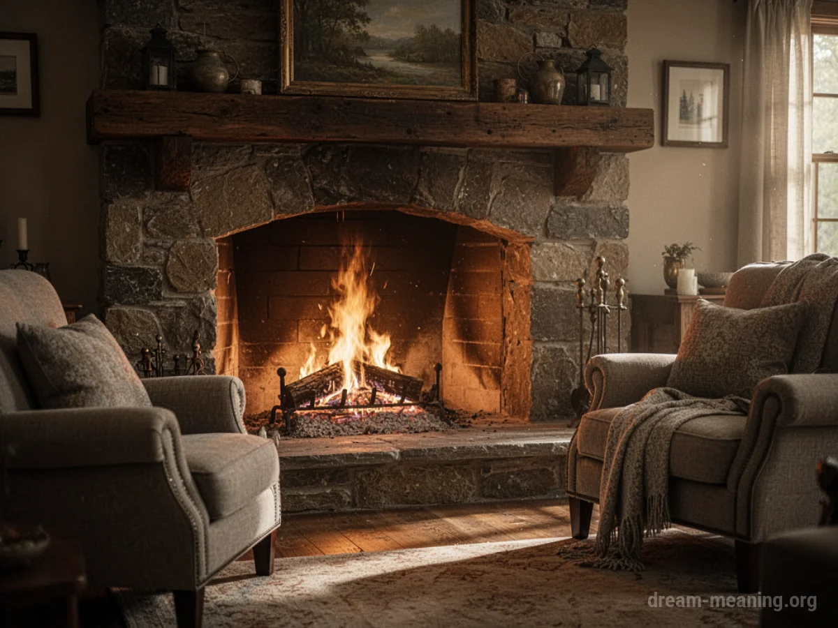 A glowing fireplace in a comfortable room.