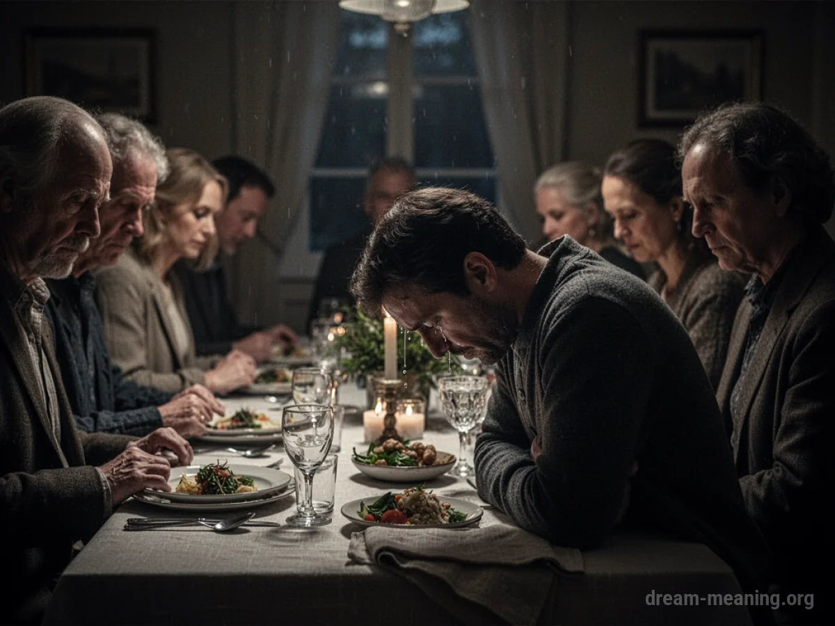 A family dinner table with one person crying.