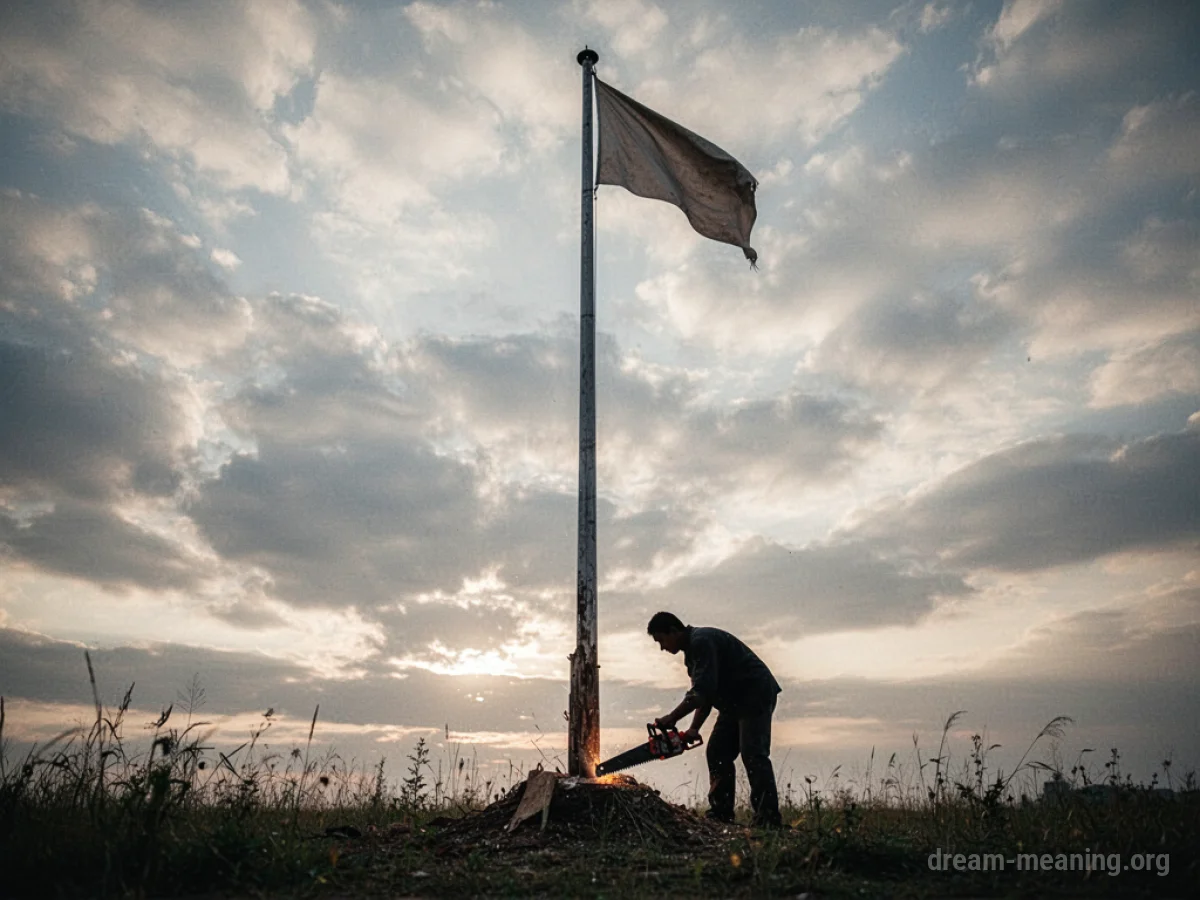 A person sawing at the base of a tall flagpole.