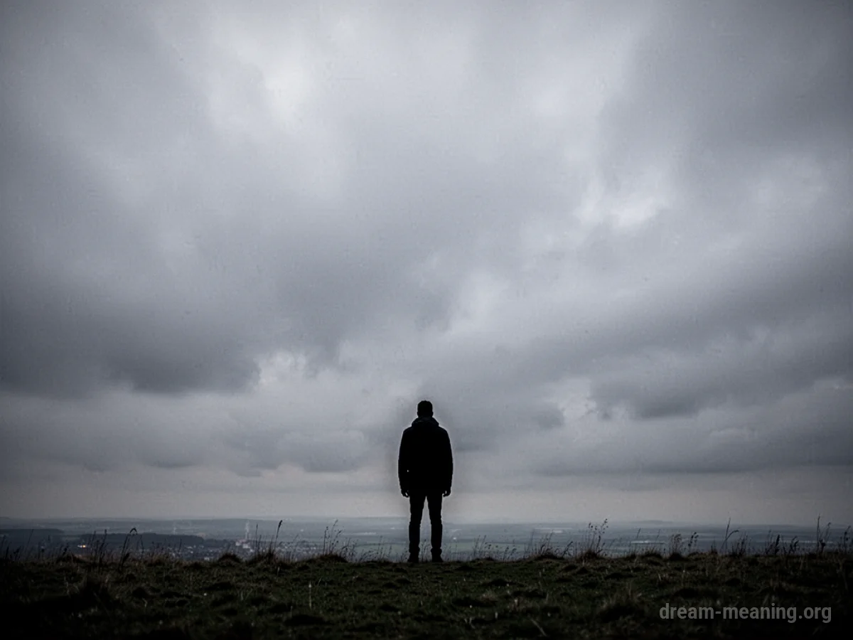 Silhouette of a person standing alone under a grey sky.