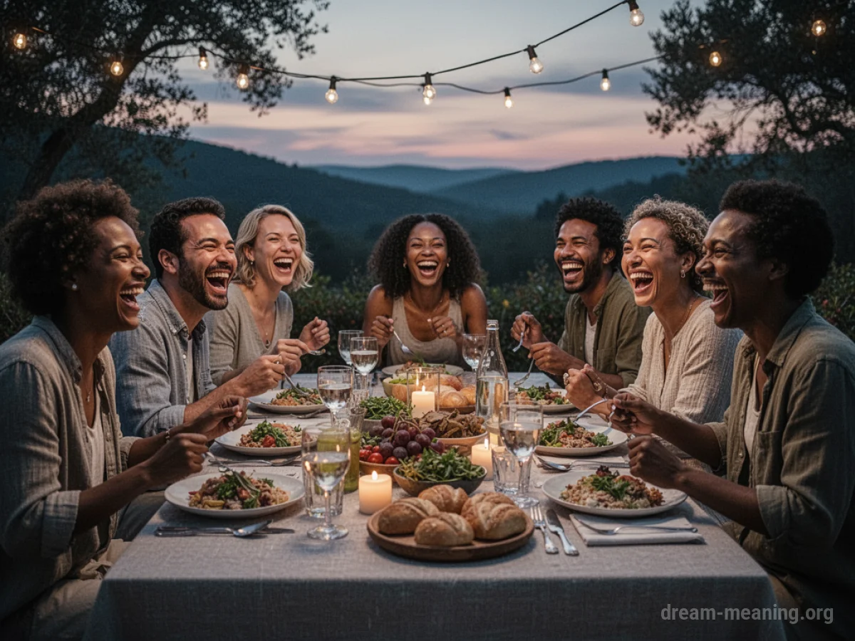 A diverse group of people sharing a meal and laughing together at an outdoor dining table.