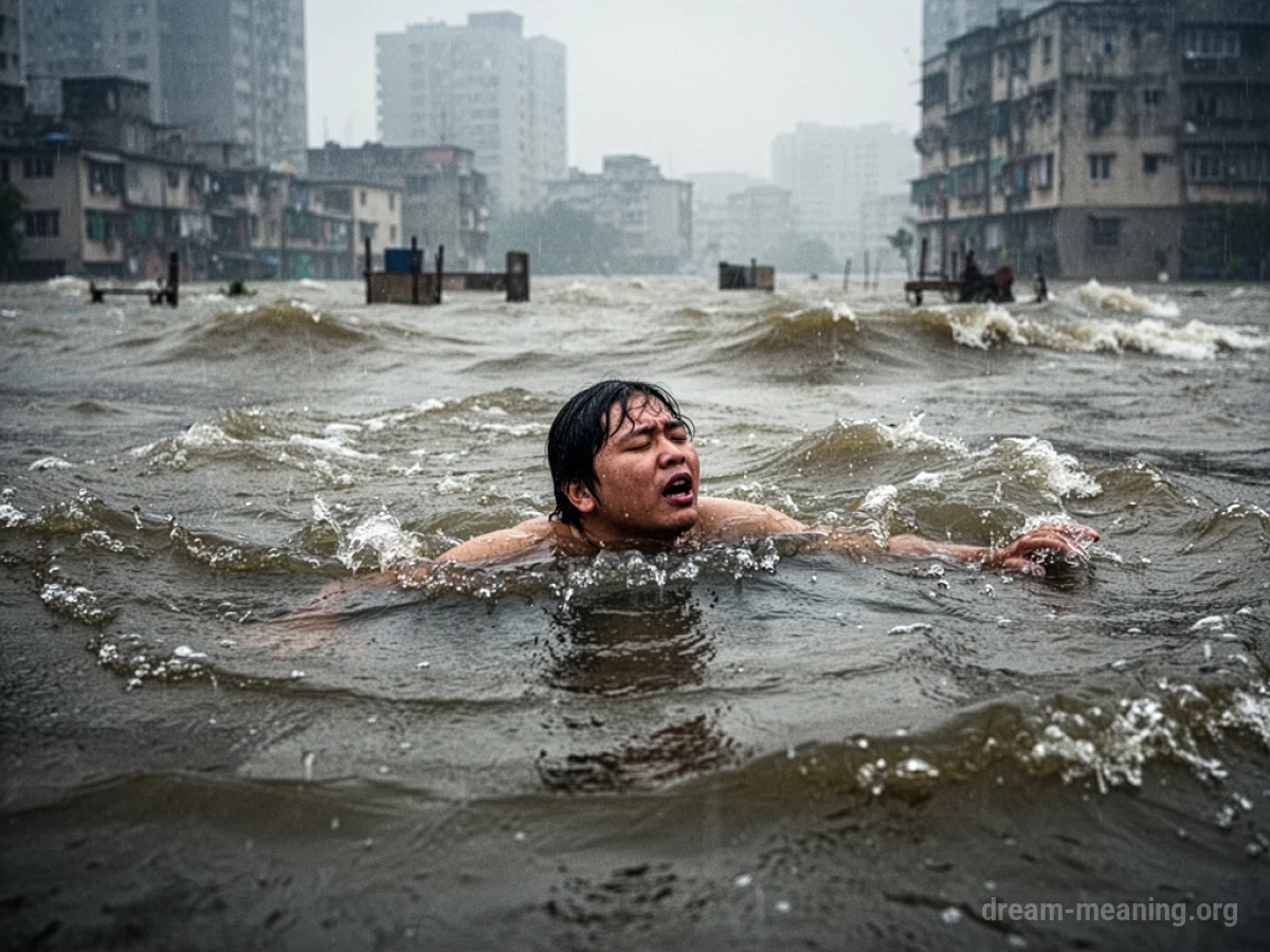 A person partially submerged in dark, choppy water, with indistinct structures barely visible.