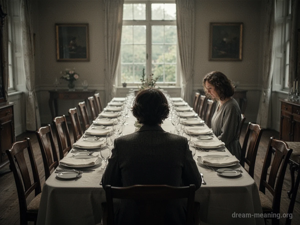 A single place setting at a large, formal dining table with no other people present.
