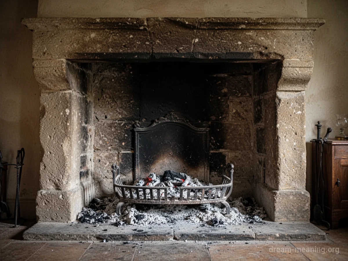 An empty stone fireplace with ashes.