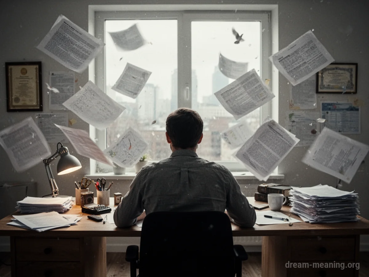 A person overwhelmed by floating objects and papers around their workspace.