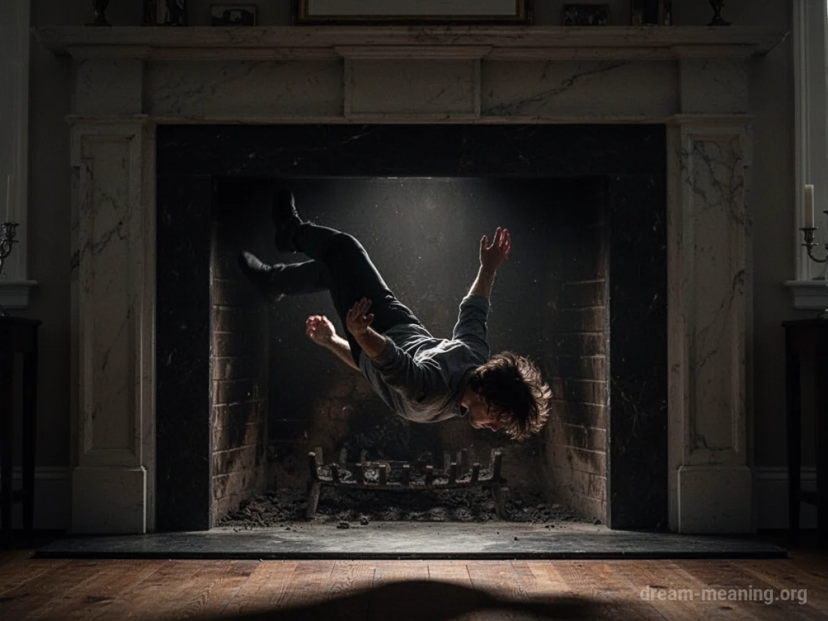 Silhouette falling into a dark fireplace opening.