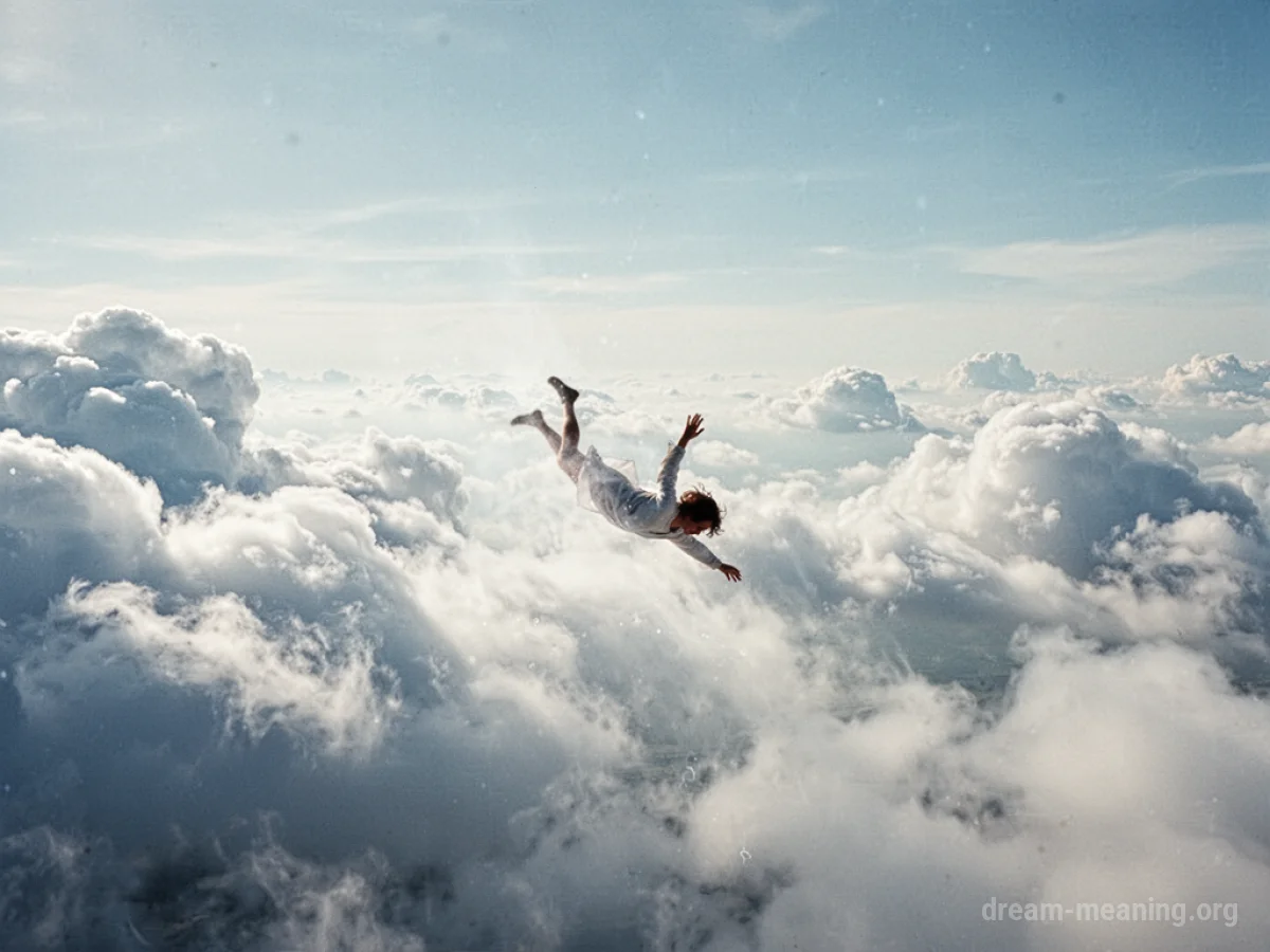 A person descending through a field of clouds.
