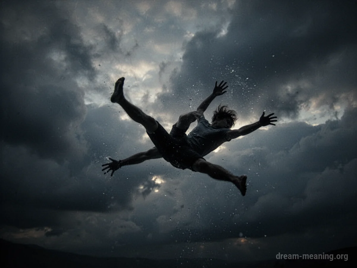 Silhouette of a person falling against a dark, cloudy sky.