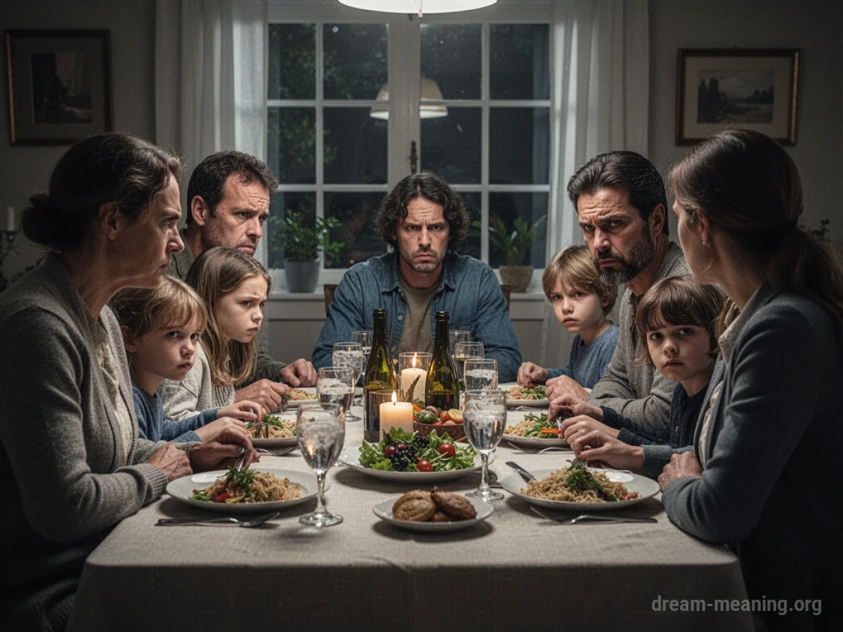 A family sitting at a dinner table with strained postures and averted gazes.