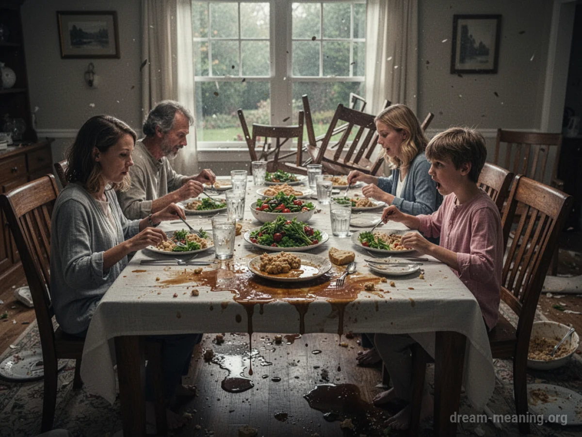 An overturned dinner table with scattered food and empty chairs.