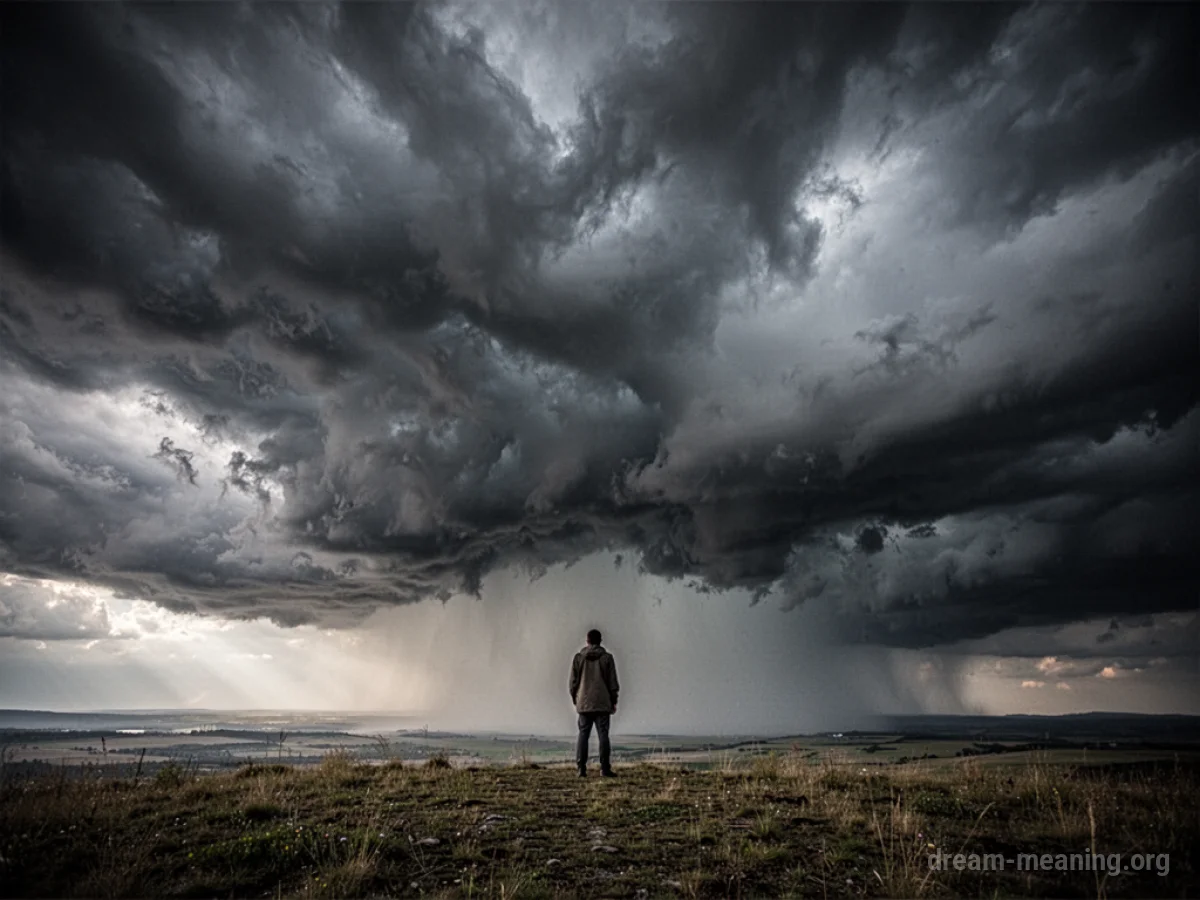 A silhouetted figure dwarfed by dark, swirling clouds.