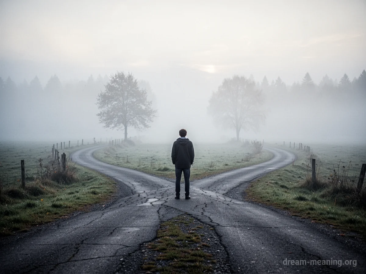 A person stands at a fork in a road, looking towards a distant, hazy horizon.
