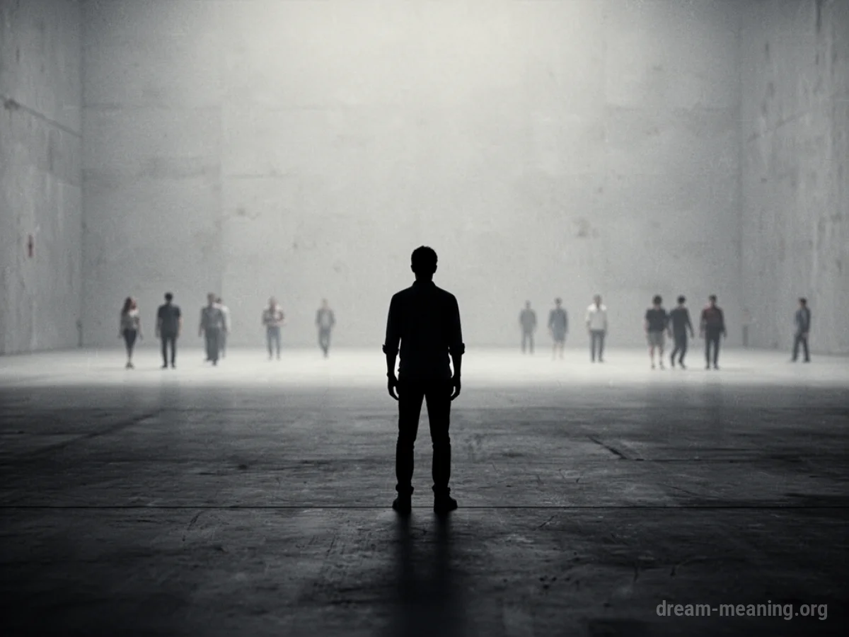 A lone silhouette figure in a large, empty space with distant, blurred shapes.