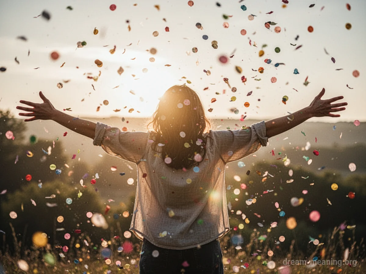 A person with arms raised in a sunlit area with colorful confetti falling.